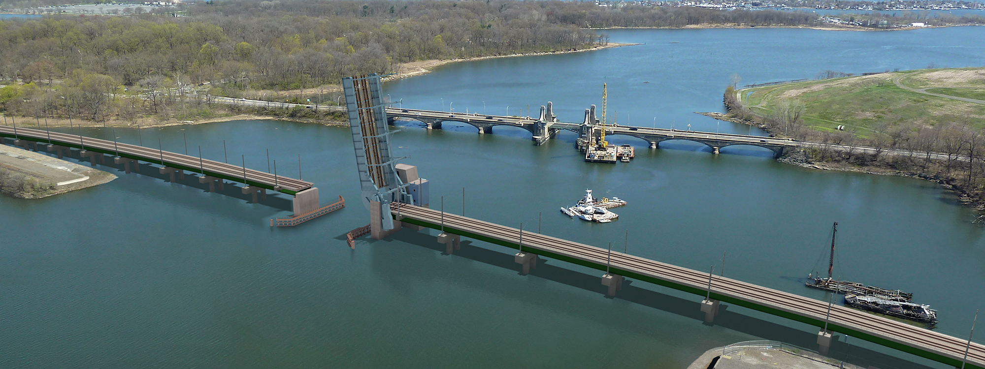 A section of the Pelham Bay Bridge is raised for a passing vessel.